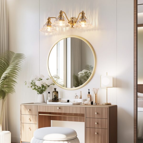 24 Inch 3-Light Vintage Bathroom Wall Sconce C Elegant Golden Metal and Glass Lampshade Vanity Light Fixture for Bathroom, Hallway, or Bedroom (Bulb Not Included)