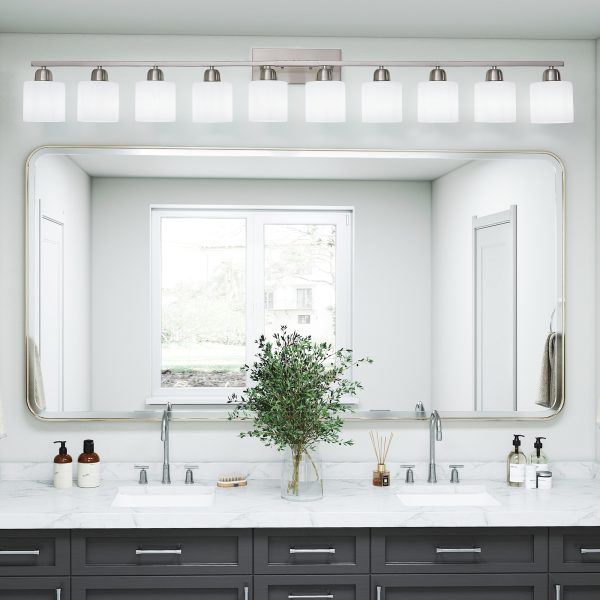 10-Light Bathroom Light Fixtures, 65.52inch Nickel Vanity Light with Milky White Glass Shade, Modern Bathroom Wall Lights Over Mirror, Farmhouse Wall Sconces Lighting for Bedroom Living Room