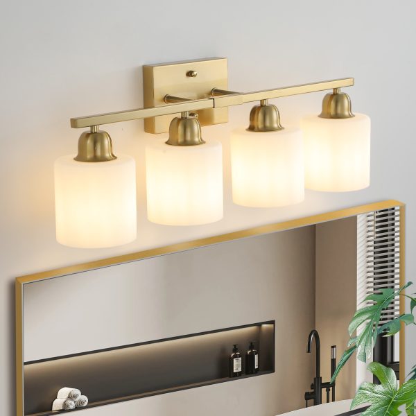 3-40.jpg Gold Bathroom Light Fixtures, 4-Light Modern Vanity Light Over Mirror, Wall Sconces with Milky White Frosted Glass Shades, E26 Socket (Bulbs Not Included)