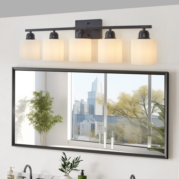 3-41.jpg Black Bathroom Light Fixtures, 5-Light Modern Vanity Light Over Mirror, Wall Sconces with Milky White Frosted Glass Shades, E26 Socket (Bulbs Not Included)