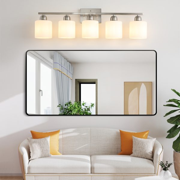 3-42.jpg Brushed Nickel Bathroom Light Fixtures, 5-Light Modern Vanity Light Over Mirror, Wall Sconces with Milky White Frosted Glass Shades, E26 Socket (Bulbs Not Included)