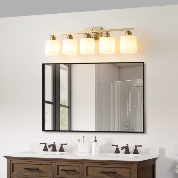3-43.jpg Gold Bathroom Light Fixtures, 5-Light Modern Vanity Light Over Mirror, Wall Sconces with Milky White Frosted Glass Shades, E26 Socket (Bulbs Not Included)