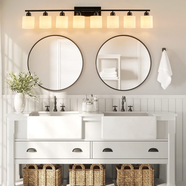 8-Light Bathroom Light Fixtures Over Mirror, 52inch Modern Matte Black Vanity Lights with White Frosted Glass Shade, Bathroom Wall Lamp Sconces for Mirror Bedroom, Living Room Hallway