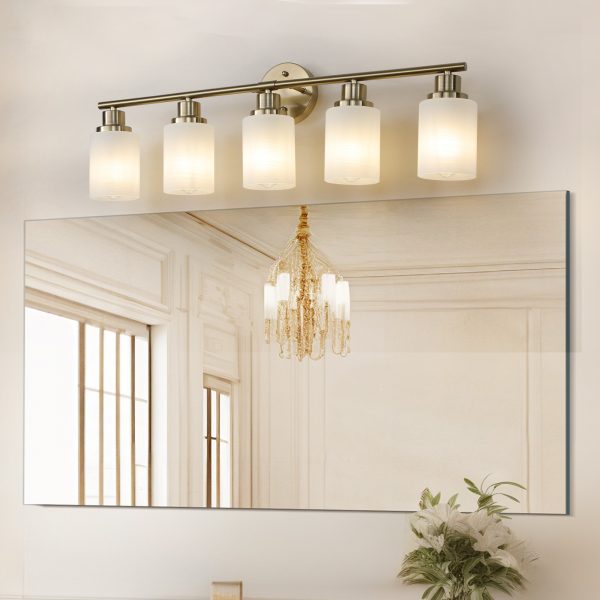 3-5.jpg 31" Modern 5-Light Vanity Wall Sconce, Golden Finish with Frosted Glass Shades for Bathroom or Hallway Lighting (No Bulbs)