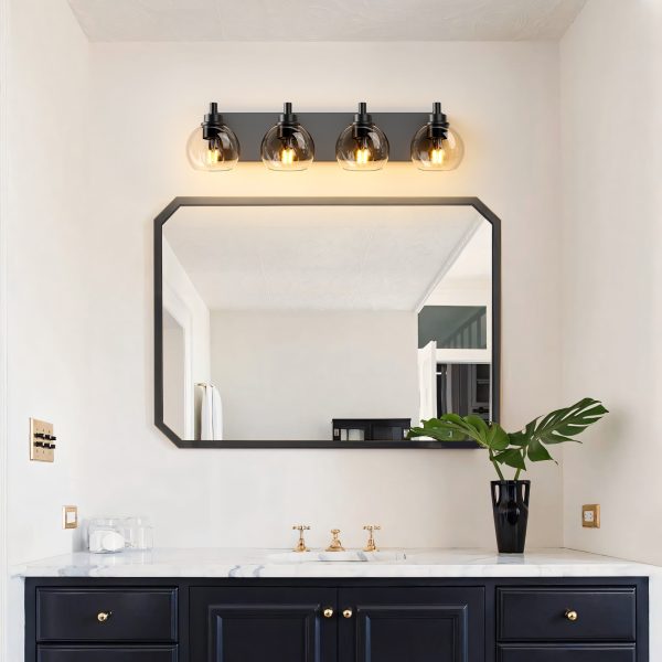 3-51.jpg Industrial Bathroom Vanity Light,4-Light Bathroom Lights Over Mirror with Clear Glass Globe Shade and Metal Base, Matte Black Bathroom Vanity Light Fixture(Bulbs Not Included)