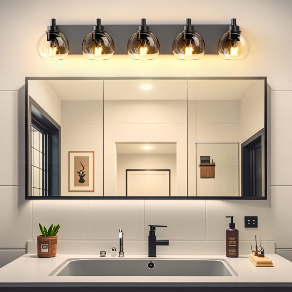 3-52.jpg Bathroom Light Fixtures Over Mirror 5-Lights Bathroom Vanity Light with Clear Globe Glass Shade Modern Black Vanity Light Wall Sconce Vanity Lighting for Bath(Bulbs Not Included)
