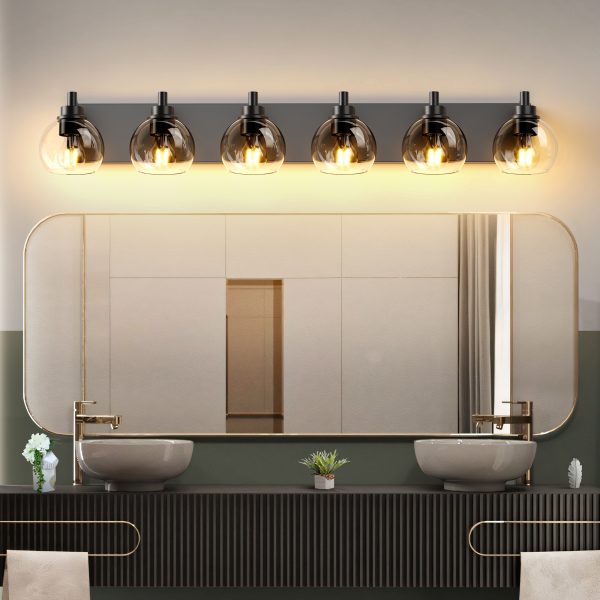 Farmhouse Bathroom Vanity Light Fixtures, 6-Light Wood Bathroom Light Fixtures Over Mirror, Rustic Sconces Wall Lighting with Glass Shade for Living Room, Bedroom, Hallway