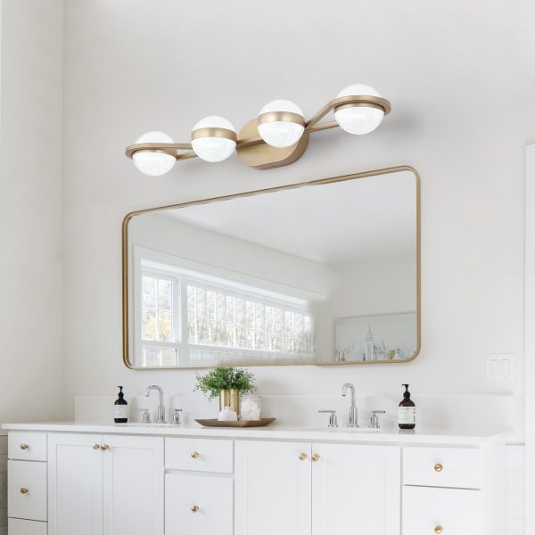 28" Golden Minimalist LED Bathroom Vanity Light with Crystal Sand Acrylic Shades, 4-Light Wall Mounted Decorative Lighting Fixture, Suitable for Bathroom Vanity Mirror