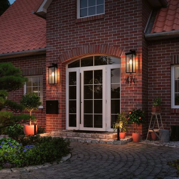 Outdoor Wall Light Fixtures, Exterior Waterproof Wall Lanterns, Porch Sconces Lighting with E26 Sockets & Glass Shades, Modern Matte Black Outside Lights for Patio Front Door Entryway Garage, 2-Pack