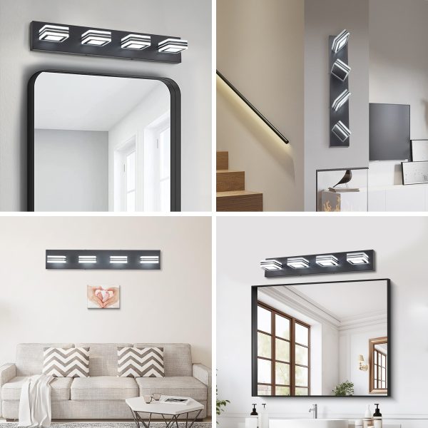 26" Modern Black 4-Light LED Vanity Light, Square Acrylic Lampshades Wall Mount Fixture for Bathroom, Mirror Lighting