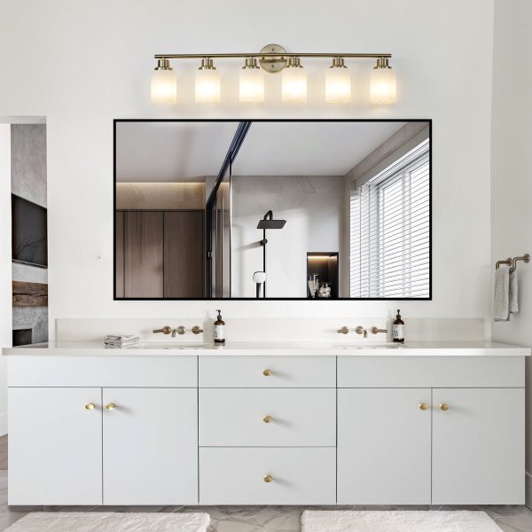 3-7.jpg 39" Modern 6-Light Vanity Wall Sconce, Golden Finish with Frosted Glass Shades for Bathroom or Hallway Lighting (No Bulbs)