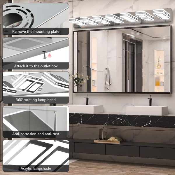 45" Modern Chrome 7-Light LED Vanity Light, Square Acrylic Lampshades Wall Mount Fixture for Bathroom, Mirror Lighting