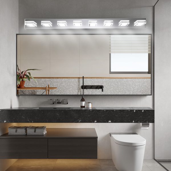 52" Modern Chrome 8-Light LED Vanity Light, Square Acrylic Lampshades Wall Mount Fixture for Bathroom, Mirror Lighting