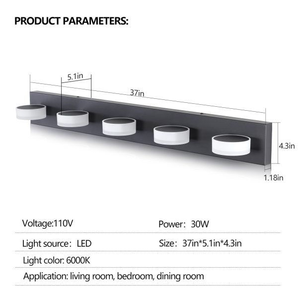 37" Modern 5-Light LED Vanity Light, Sleek Black Bathroom Wall Light Fixture for Mirror, Shower, and Bathroom Decor