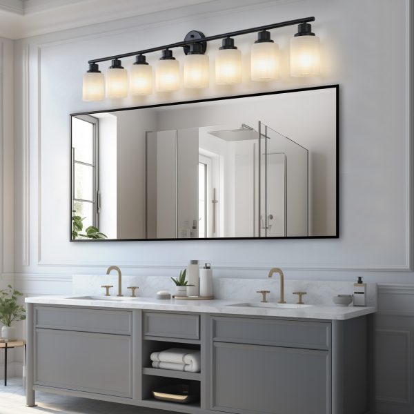 52" Modern 8-Light Vanity Bathroom Mirror Light, Frosted White Glass with Black Iron Frame, Contemporary Wall Sconce for Bedroom, Bathroom, and Dressing Room (Bulb Not Included)