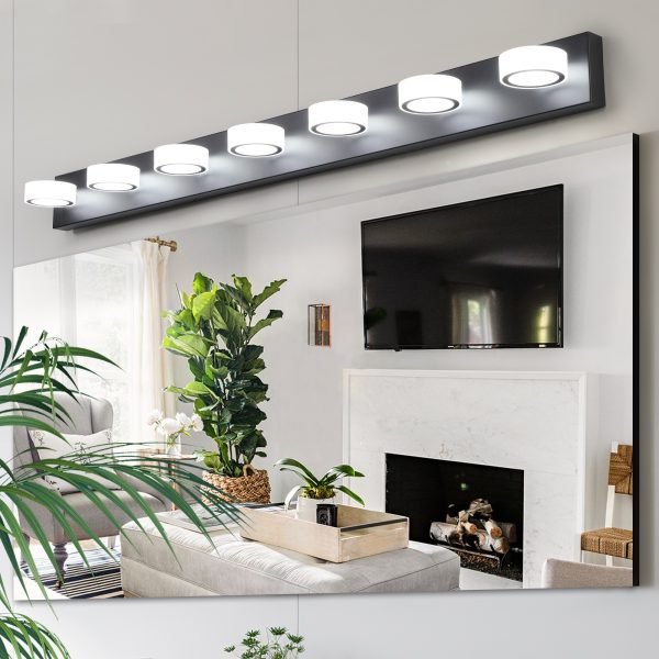 Modern 7-Light LED Vanity Light Fixture - Black Iron Finish with Acrylic Shades - Energy-Efficient Bathroom Wall Sconce - Dimmable for Mirror, Shower, and Bathroom Decor