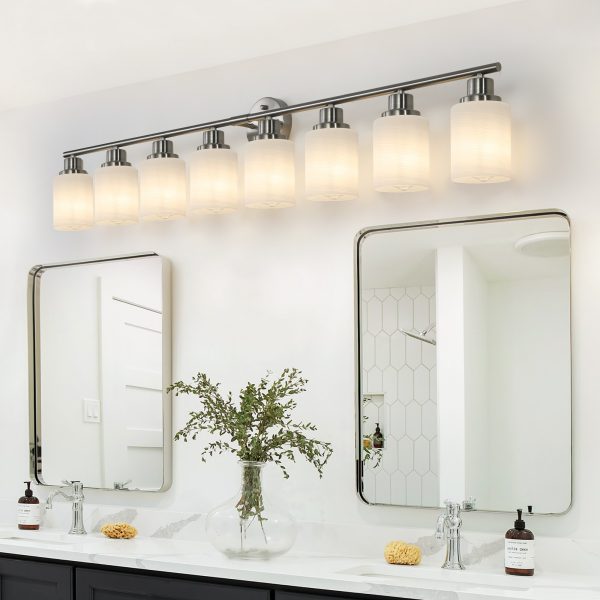 3-9.jpg 52" Modern 8-Light Vanity Wall Sconce, Brushed Nickel Finish with Frosted Glass Shades for Bathroom or Hallway Lighting (No Bulbs)