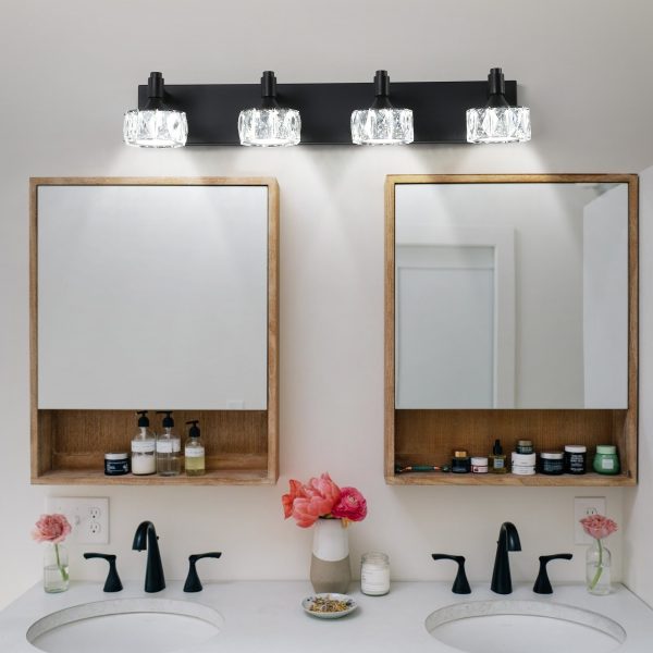 3-92.jpg Modern 4-Light Matte Black LED Vanity Light Fixture with Crystal Glass Shades, Bathroom Wall Sconce for Elegant and Contemporary Home Decor