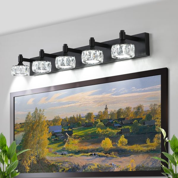 3-93.jpg Modern 5-Light Matte Black LED Vanity Light Fixture with Crystal Glass Shades, Bathroom Wall Sconce for Elegant and Contemporary Home Decor