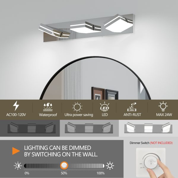 Modern Chrome LED Vanity Light, 3-Lights Wall Sconce for Bathroom and Mirror, Sleek Minimalist Design, Energy-Efficient, Easy to Install