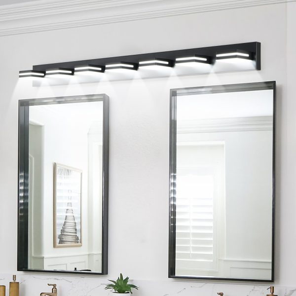 Modern Black LED Vanity Light, 7-Lights Wall Sconce for Bathroom and Mirror, Sleek Minimalist Design, Energy-Efficient, Easy to Install