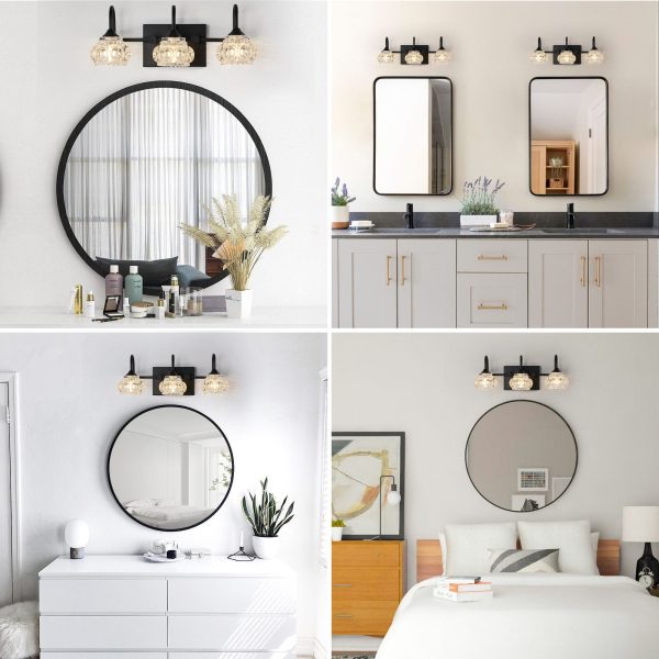 17" Retro 3-Light Bathroom Vanity Light Fixture - Black Finish with Crystal Glass Shades, Wall Mounted Lighting for Bathroom, Powder Room, and Vanity Mirror (No Bulbs)