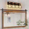 24" Modern Geometric 4-Light Vanity Light Fixture with Black Metal, Wooden Accents and Cage Lampshade for Bathroom, Bedroom, or Living Room (Bulb Not Included)
