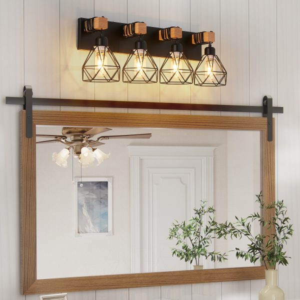 24" Modern Geometric 4-Light Vanity Light Fixture with Black Metal, Wooden Accents and Cage Lampshade for Bathroom, Bedroom, or Living Room (Bulb Not Included)