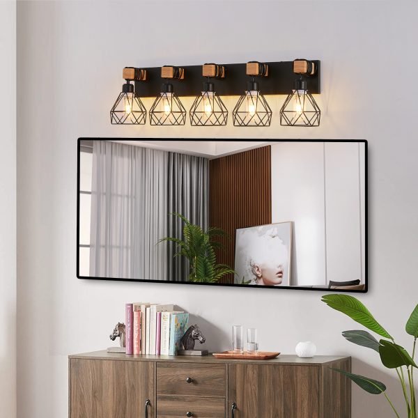 31" Modern Geometric 5-Light Vanity Light Fixture with Black Metal, Wooden Accents and Cage Lampshade for Bathroom, Bedroom, or Living Room (Bulb Not Included)