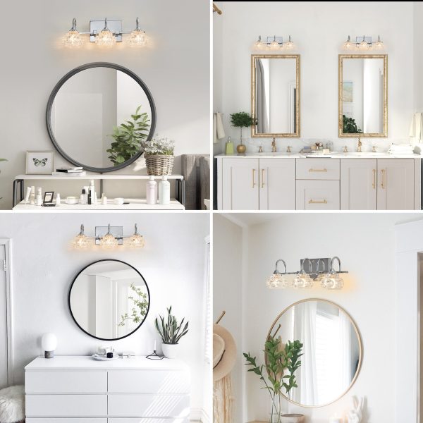 4-12.jpg 17" Nickel Finish Vintage Crystal Glass Vanity Light - Elegant 3-Light Bathroom Mirror Fixture with Clear Glass Shades (No Bulbs)