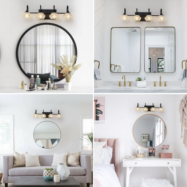 23" Retro 4-Light Bathroom Vanity Light Fixture - Black Finish with Crystal Glass Shades, Wall Mounted Lighting for Bathroom, Powder Room, and Vanity Mirror (No Bulbs)