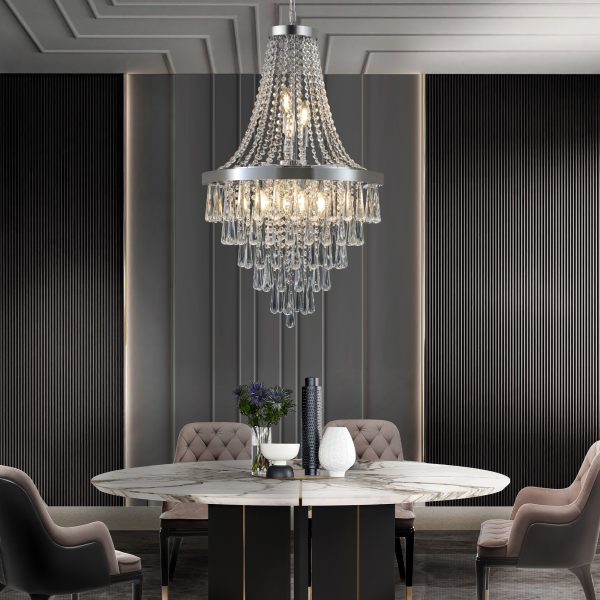 20" Chrome Crystal Chandelier with Adjustable Height, Modern Ceiling Light Fixture for Living Room, Dining Room, Staircase, 11-Light E12 Bulb Base (No Bulbs)