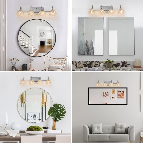 23" Nickel Finish Vintage Crystal Vanity Light - Elegant 4-Light Bathroom Mirror Fixture with Clear Glass Shades (No Bulbs)