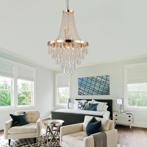 20" Modern Crystal Pendant Chandelier with Golden Finish C Elegant 11-Light Hanging Light Fixture Tiered Design for Dining Room, Living Room, or Entryway (No Bulbs)