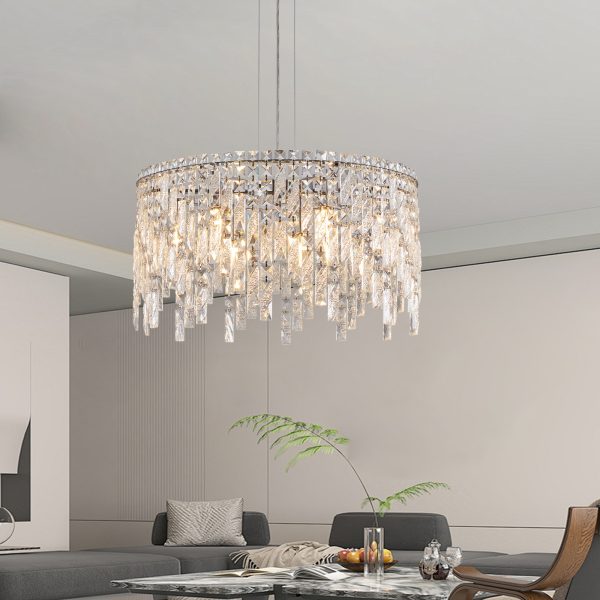 24" Luxurious Round Silver Crystal Chandelier, Contemporary Rectangular Pendant Light for Dining Room, Living Room, and Grand Foyers (Bulbs Not Included)