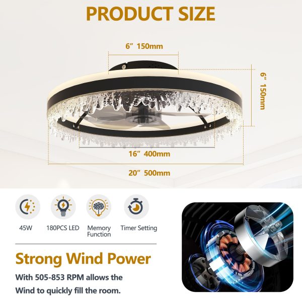 20-inch Black Smart Ceiling Fan Light with Silent Function, Multi-Speed Adjustment for Bedroom, Study Room, and Dining Room