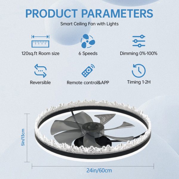 Modern LED Ceiling Fan with Light C 24'' Dimmable Ceiling Light with Invisible Blades and Crystal Design, Remote Control & Adjustable Color Temperature, Quiet Fan for Bedroom, Living Room