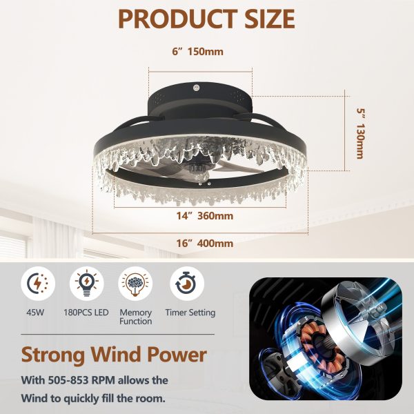 Smart Silent Elegant Black Ceiling Fan with Light C 16-inch Flush Mount LED Chandelier with 5 Invisible Blades, Remote Control & Timer, Dimmable Lighting for Bedroom, Living Room, Dining Room