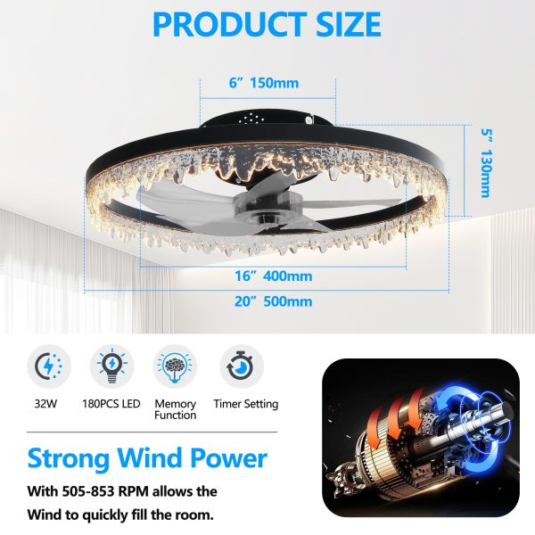 Smart Flush Mount Ceiling Fan with Light C 20-inch Integrated LED Chandelier with 5 Invisible Blades, Remote Control & Timer, Dimmable Lighting, Ultra-Quiet Operation for Bedroom, Living Room