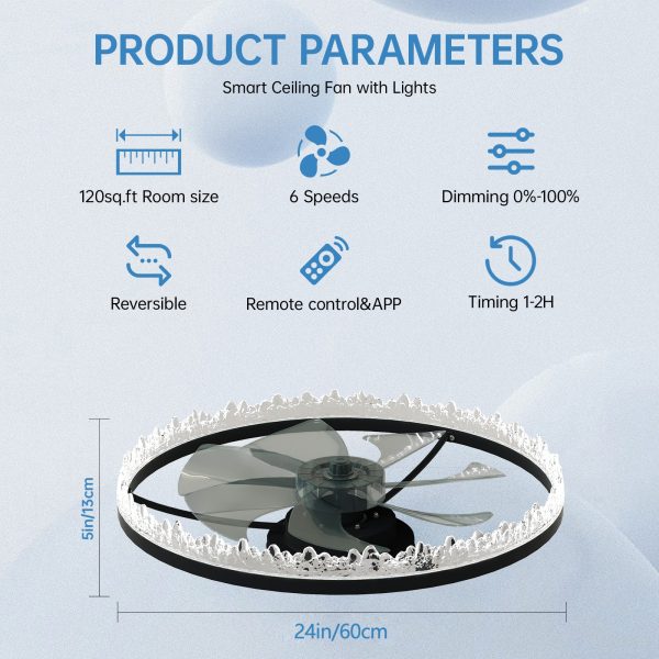 Luxury Crystal Ceiling Fan with Lights C 24'' Flush Mount LED Chandelier Fan with 5 Invisible Blades, Remote & Timer, Bright Dimmable Lighting for Bedroom, Living Room, Dining Room