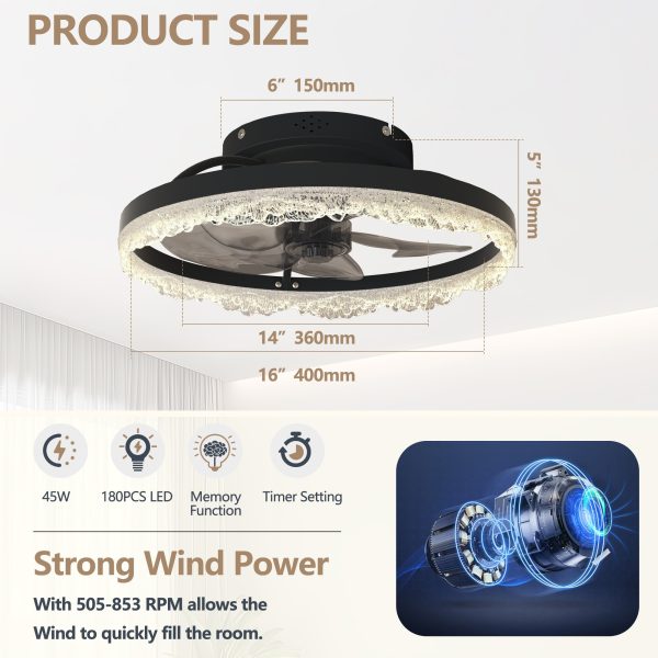 16" Decorative LED Ceiling Fan Light C Modern Flush Mount with Acrylic Ring, Hidden Blades, Remote Control, and Dimmable Light for Stylish Homes (Black)