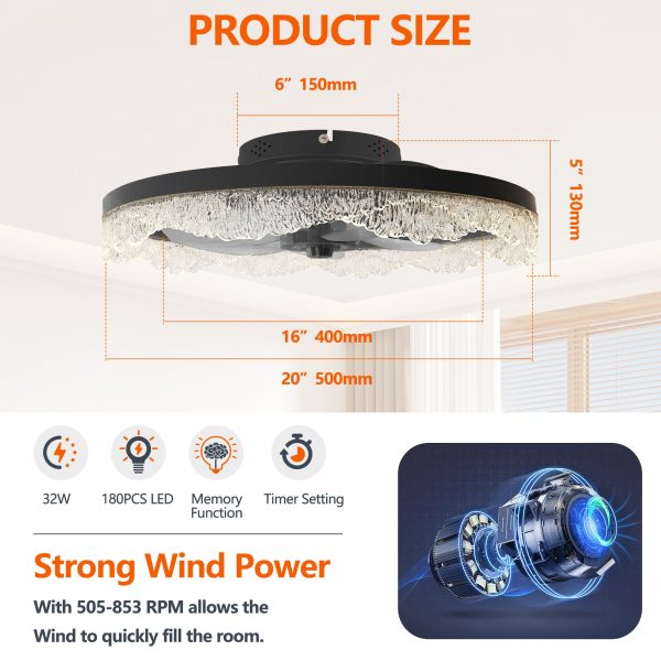 20" Decorative LED Ceiling Fan Light C Modern Flush Mount with Acrylic Ring, Hidden Blades, Remote Control, and Dimmable Light for Stylish Homes (Black)