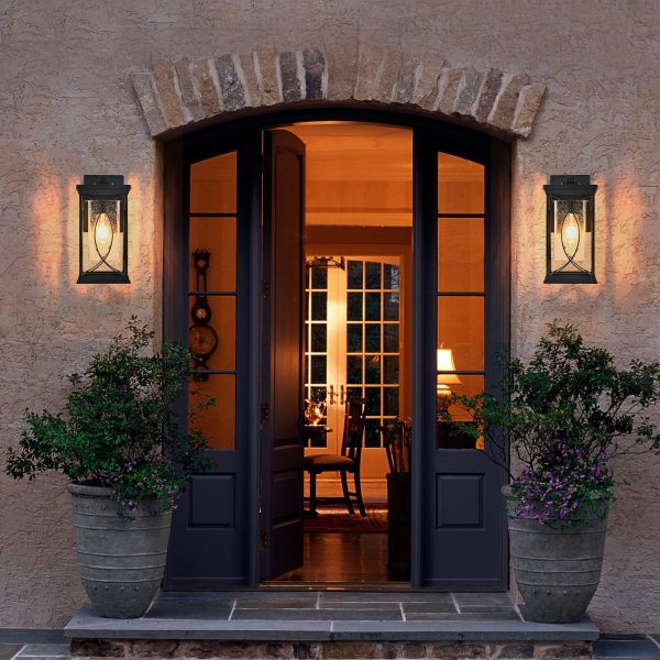 14"(H) 1-pack Black Outdoor Wall Lantern with Crackled Glass, Weather-Resistant Exterior Light Fixture for Porch, Patio, and Entryway, Modern Decorative Wall Sconce with E26 Base (Bulb Not Included)