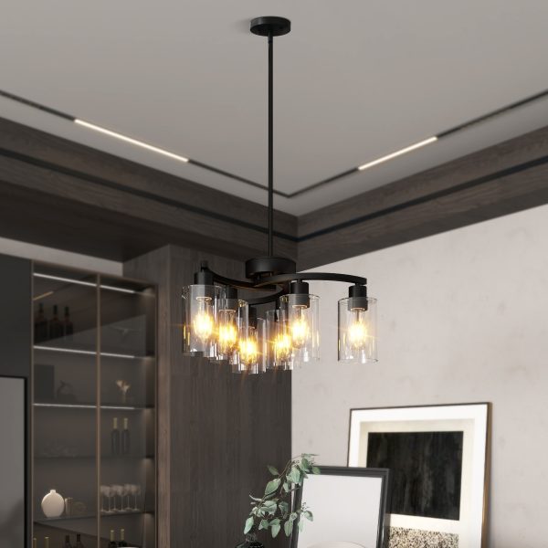 6-Light Modern Farmhouse Black Chandelier, Contemporary Dining Room Light Fixture, Adjustable Height Hanging Industrial Pendant Lights Kitchen Island, Clear Glass Shade