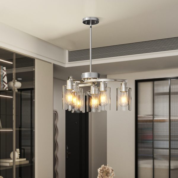 6-Light Brushed Nickel Chandeliers for Dining Room Light Fixtures Over Table, Adjustable Height Hanging Industrial Pendant Lighting for Kitchen Island Bedroom, Clear Glass Shade