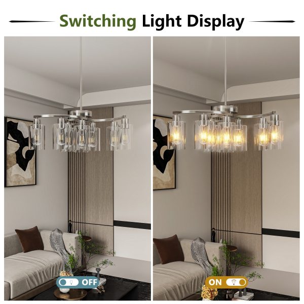 9-Light Brushed Nickel Glass Chandelier, Adjustable Height Hanging Industrial Dining Room Chandelier Over Table, Modern Farmhouse Chandelier for Kitchen Island Living Room Entryway Bedroom