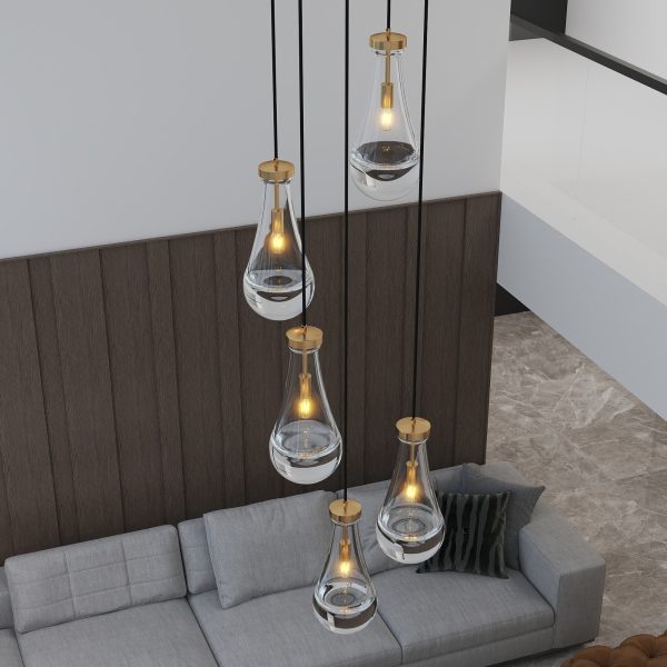 4-185.jpg 5 Light Cluster Pendant Light, Brass High Ceiling Chandeliers Adjustable, Living Room Pendant Light, Foyer Chandeliers, Stairwell Pendant Lights,E12 not Including Bulb