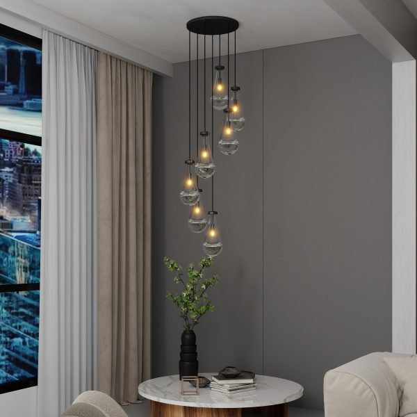 7 Light Dining Room Pendant Light, Large Chandelier Adjustable Hanging Line, Black Living Room Pendant Light, Foyer Chandelier, Stairwell Pendant Lights, Bedroom Chandeliers