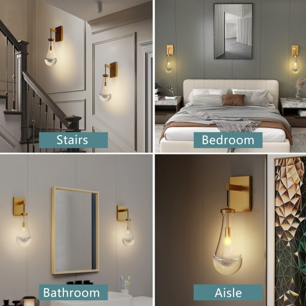Wall Sconces Set of Two, Brass Modern Raindrop Glass Sconces Wall Lighting, Gold Wall Light Fixtures Indoor Wall Light, Vanity Light Fixture Wall Lamp for Living Room, Bathroom