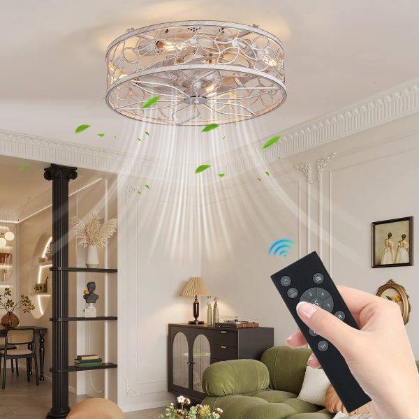 18-inch White Vintage Caged Ceiling Fan Light C Quiet Operation, Remote Control, Industrial Style for Living Room, Bedroom, and Kitchen (Silent/6-Speed/Reversible/DC Motor) (Bulb Not Included)